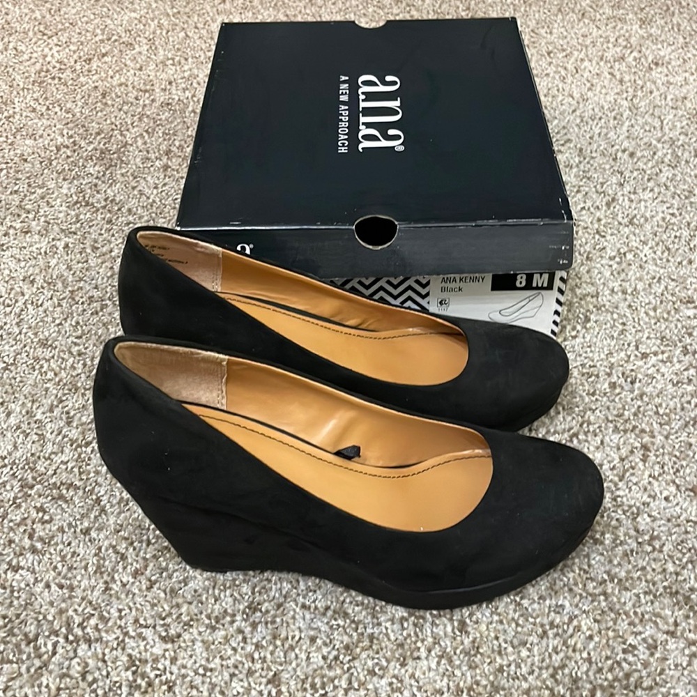 Black suede wedge heels